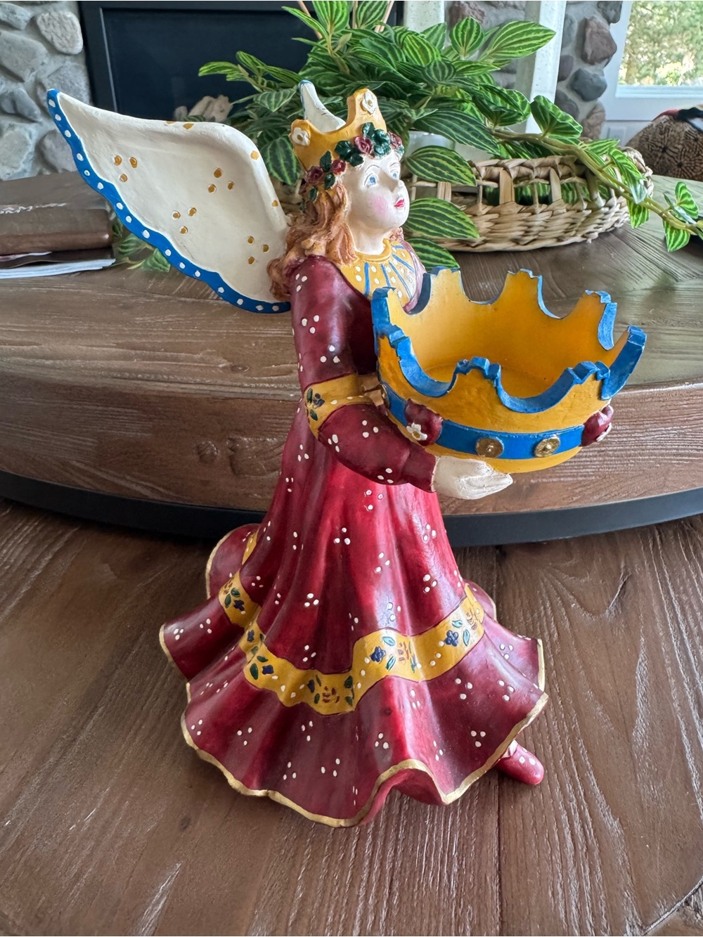 Vintage Cynthia Madrid Red Angel Figurine Candle Holder with Yellow Crown